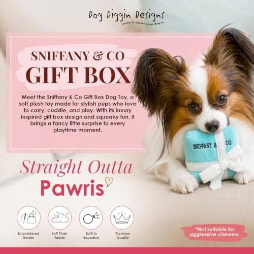 Dog Diggin Designs Sniffany & Co Small Plush Dog Toy Box | Luxury-Inspired Parody Designer Gift Box with Built-in Squeaker, Soft Plush Interactive Dog Toy – Thinking Outside The Box!