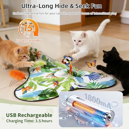 Interactive Cat Toys for Indoor Cats,Hide and Seek Cat Toys with Moving Concealed Wand Feather,Mouse Squeaky,Rechargeable Touch Activated Cat Kitten Toy for Indoor Bored Adult Cats(Green)