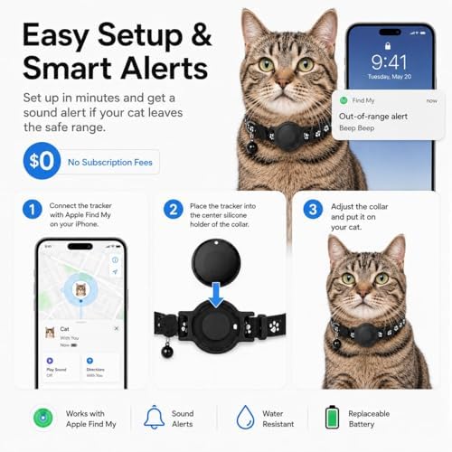 Pet Tracker,GPS Collar for Cats (iOS Only) Smart tag,Waterproof Compatible with Apple Find My,No Monthly Fee,Advanced Tracking Solution Smart Collar for Pet Safety Ideal Small Large Cats