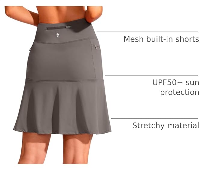 19" Ruffled Golf Skirts for Women | 3 Zipper Pockets, Knee Length, High Waisted, Long Skorts for Athletic, Casual, Tennis, Pickleball