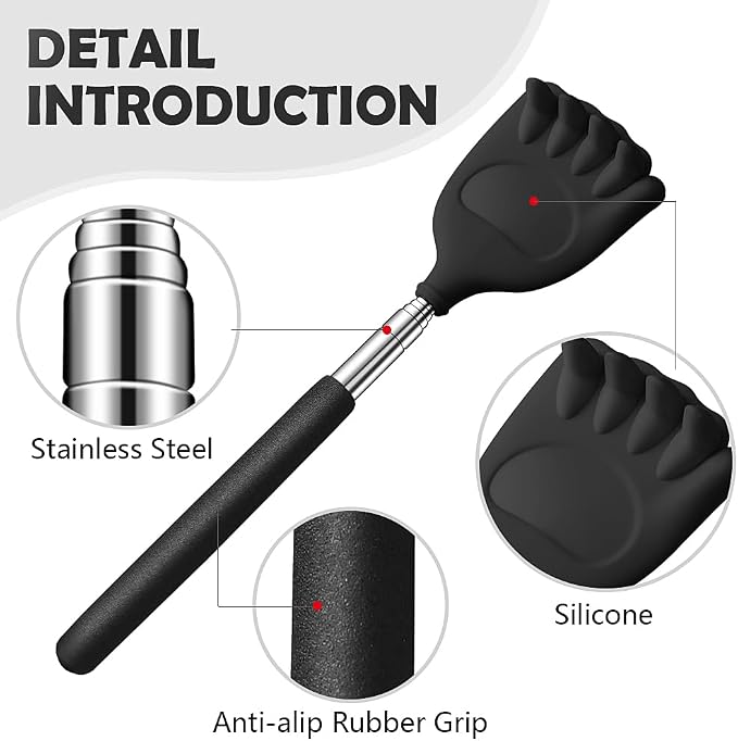 Back Scratcher Extendable Silicone Bear Claw Manual Massager Tool Telescoping Stocking Stuffers Black for Itches Lotion Application Spa Men Women Kids Adults Baby the Disabled