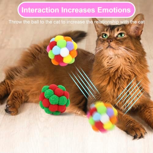 Cat Toys Balls 6 Pieces with Bells 5cm Soft Cat Pom Poms Balls Cats Interactive Ball Toy for Cats Kitten Indoor Outdoor Playing Chewing Scratching (Cat Ball Set 2)
