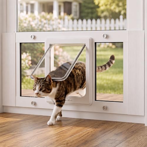 Cat Door for Window, Adjustable 27"-32", 4 Locking Modes + Extra Security Lock for Outside Safety, Window Pet Door with Magnetic Self-Closing, No-Drill Installation, Weatherproof Aluminum Frame Insert