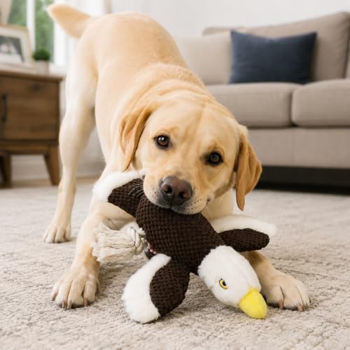 Dog Squeaky Toy Plush Bald Eagle Dog Chew Toy with Knotted Rope Tassels, Teething Interactive Tug Toy for Puppies & All Dog Breeds