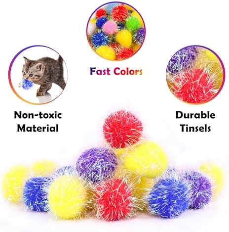 30 Pieces 1.2 inches Sparkle Pom Pom Balls for Cat - Interactive Glitter Balls, Multicolor, Best as Kitten Play Toys