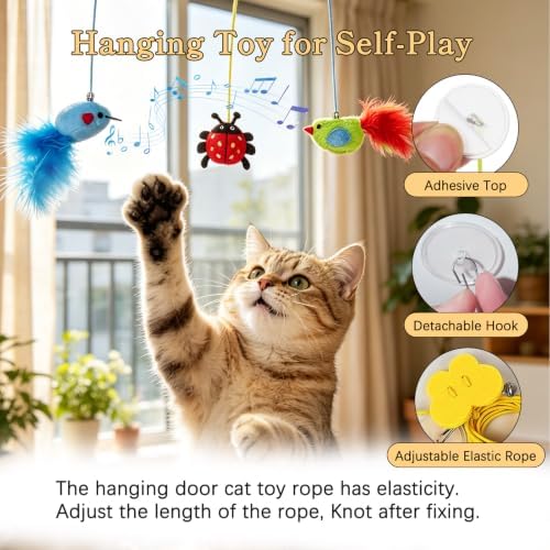 Door Hanging Cat Toy Set, 6 Pack Interactive Self-Play Cat Teaser with Retractable Elastic String, Hanging Door Cat Toys for Indoor Cats Kitten, Boredom Relief, Hunting Instinct, Exercise