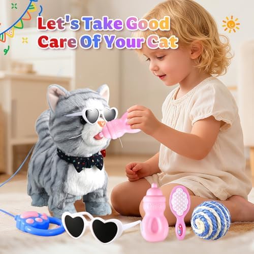 Gray Walking Cat Toy for Girls Kittens Interactive Talking Cat Meows Singing Dancing Mimicking Kitty Toys Set for Baby with Leash Plush Electronic Robot Kitties for Kids Toddlers