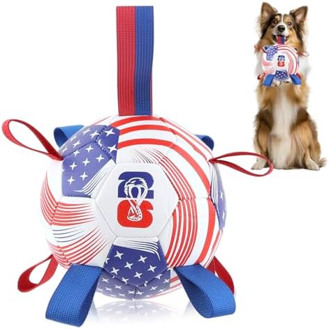 Dog Soccer Ball with Straps, 6 Inch Herding Dog Ball Toys World Cuo Dog Toy, Balls for 20-40lbs Dogs, Outdoor Puppy Toys to Keep Them Busy, Interactive Toy for Tug, Pool Water Toy Ball