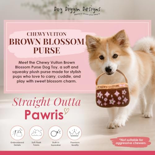 Dog Diggin Designs Chewy Vuiton Brown Blossom Plush Dog Toy Purse | Luxury-Inspired Parody Designer Handbag with Squeaker, Soft Plush Fashion Dog Toy – Haute Couture Purses & Handbags