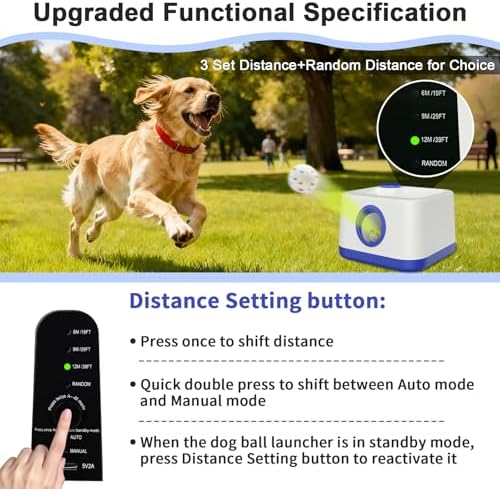 Automatic Dog Ball Launcher, Dual Auto-Manual Modes with Dog Barking Sound, Interactive Dog Fetch Toy, 3 Adjustable Distances, Dog Balls Thrower for Small & Medium Dogs, with 4 Durable ETPU Balls