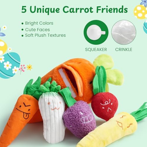 Nocciola Carrot Dog Toys – Easter Squeaky Toys-in-Toys: 5 Small Carrots Inside a Large Plush Carrot with Squeaker & Crinkle Sounds for Small, Medium, Large Breeds, Spring Pet Gifts