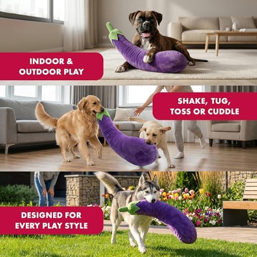 PetLou 29 Inch Fresh Food Eggplant Plush Dog Toy for Soft Chewers, Extra-Long Squeaky & Crinkle Dog Toy, Super Soft Stuffed Anti-Boredom Pet Plush Toy