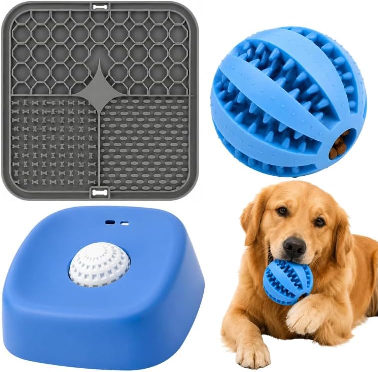 3-in-1 Dog Lick Mat & Slow Feeder Bundle with Treat Dispensing Ball, Interactive Feeding Bowl, Anxiety Relief Pet Feeding Toys, Washable Puzzle Feeding Set for Dogs