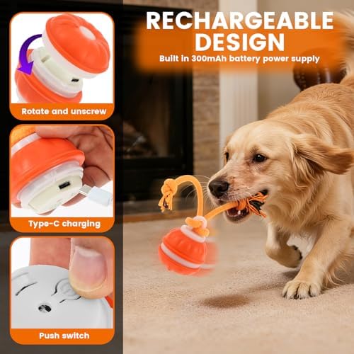 Interactive Dog Toy with Rope, 2026 Upgraded 3 Modes 360° Smart Automatic Rolling Moving Rechargeable Moving Fetch Dog Toy Ball for Boredom(Orange)