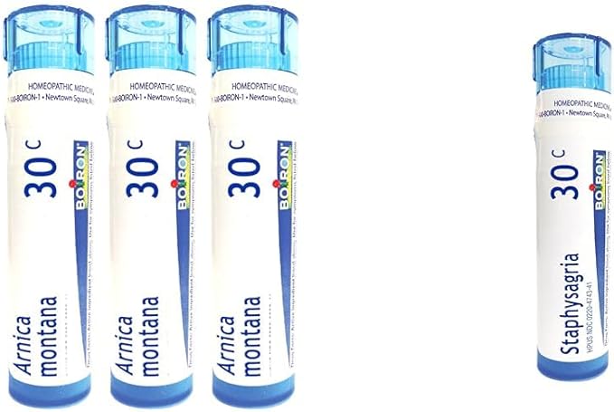 Boiron Homeopathic Arnica Montana 30c Pack of 3 for Muscle Pain + Staphysagria 30C for Surgical Wounds, 80 Pellets