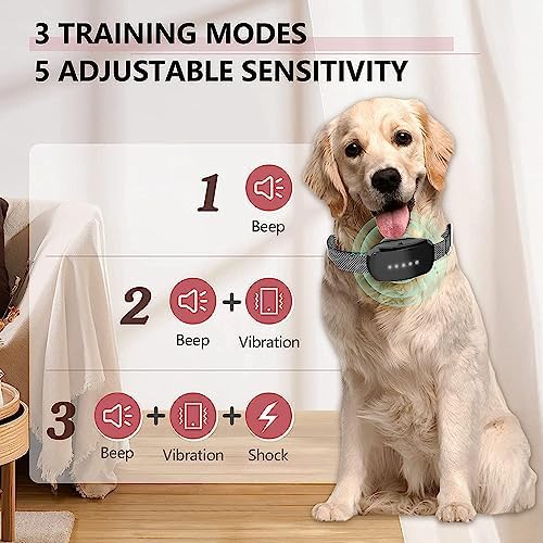 Bark Collar, Dog Bark Collar for Small, Medium and Large Dogs, with 5 Adjustable Sensitivity Beeps Vibration Shock, Waterproof Rechargeable Smart Bark Collar (Green)