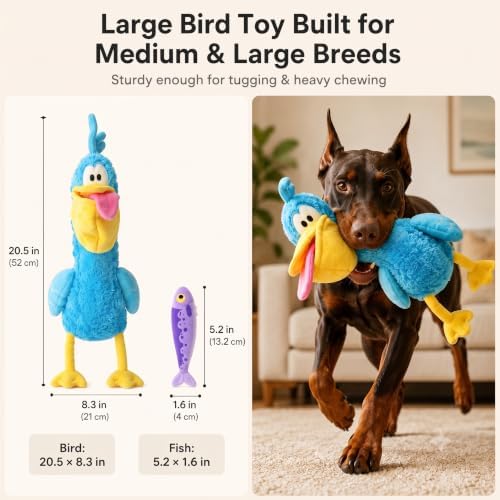 Squeaky Dog Plush Chew Toy Set, Interactive Tug Squeaky Toy for Chewers, Medium&Large Dogs&Fetch Play, 20.5 in Stuffed Bird with Bonus Fish Toy&Treat Storage Beak for Gentle Gum Care & Boredom Relief