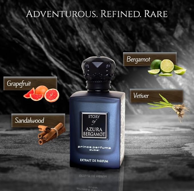 Prince Parfums Dubai – Story of Azura Bergamot – Men’s Extrait de Parfum 3.4 Ounces – Luxury Cologne with Grapefruit, Bergamot, Sandalwood & Vetiver – Fresh, Bold & Long Lasting Fragrance
