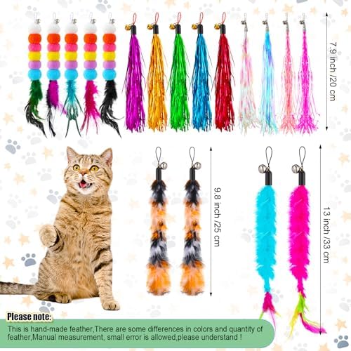 50 Pcs Cat Wand Refill, Feather Toys Replacement with Bells