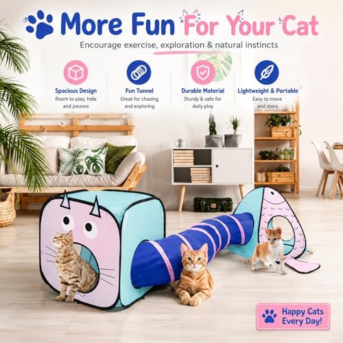 Rypet Cat Toy Tunnel and Cubes Bundle, Play Tubes for Indoor Cats, Blue