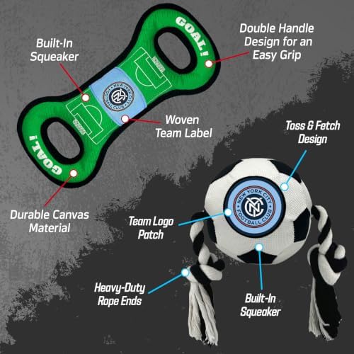Pets First MLS New York City FC Soccer Field Tug Toy & Soccer Ball Rope Toy Set for Dogs - Officially Licensed Interactive Squeaky Rope Fetch & Chew Toys with Team Logo