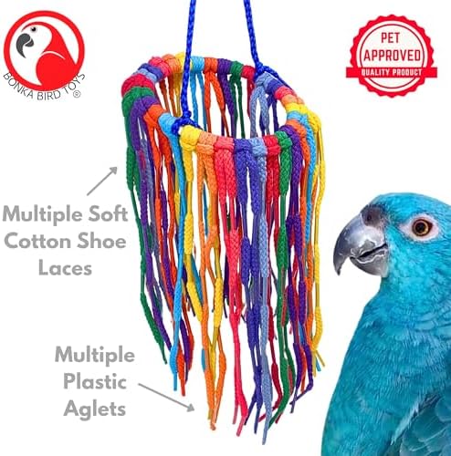 Bonka Bird Toys 51214 Small Aglet Heaven Cotton Shoelace Toy with Plastic Aglets and 2" Ring for Parakeets Cockatiels Quakers Pionus Small Bird Enrichment (Pack of 2)