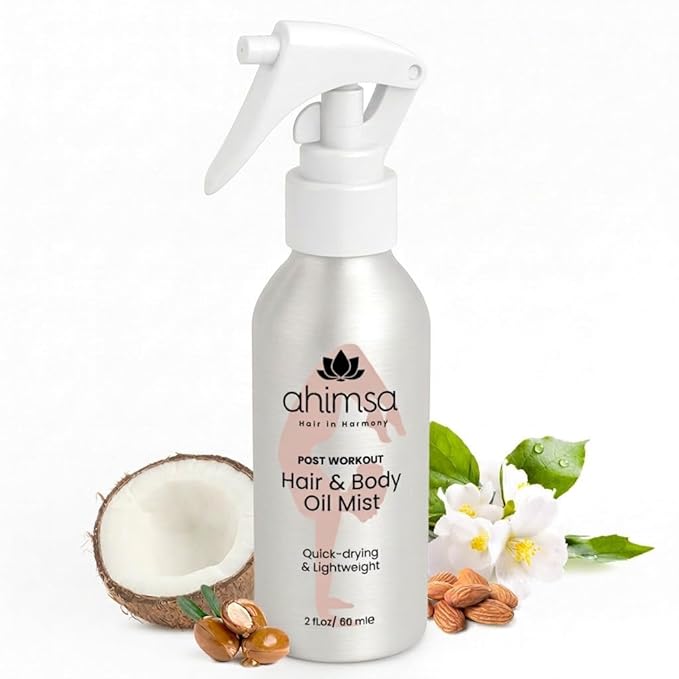 Ahimsa Hair & Body Oil Mist Spray, Lightweight Hydrating Glow Mist with Coconut Argan & Jasmine, Fast-Drying Non-Greasy Shine Spray, Natural Hair Perfume for Women & Body Oil in Clean Formula (2oz)