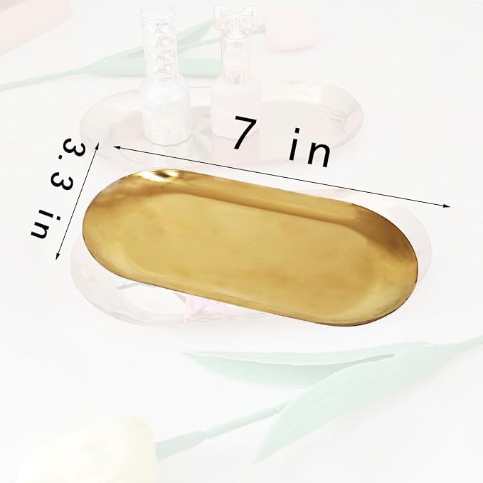 2 Pcs 7" Stainless Steel Decorative Jewelry Tray Ring Holder Dish | Jewelry for Ring Dish Cosmetics Organizer Bathroom Clutter Serving Platter Small Storage Tray, Oval, Gold