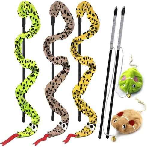 Interactive Cat Toy Wand with Catnip Mouse, Cat Teaser Wand Rainbow String for Bored Indoor Adult Cats and Kittens (5 Pack)