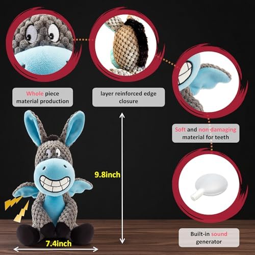 Donkey Squeaky Interactive Dog Toy -7.4''X9.8'' Plush Stuffed Chew Dog Toy with Crinkle Paper for Small Dogs and Puppies，Dog Birthing Teething Toy（Blue）