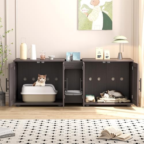55" Cat Litter Box Enclosure Furniture, 3-in-1 Hidden Litter Cabinet with Barn Doors & Double Rooms for 2 Cats, Wooden Pet Furniture for Living Room & Bedroom, Brown