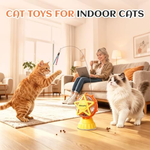 Interactive Cat Treat Dispenser - Ferris Wheel Feeder & Teaser Wand | Cat Puzzle Feeder | Stable Suction Base Design | Adjustable Treat Opening | Hunting Instinct Stimulation | Exercise