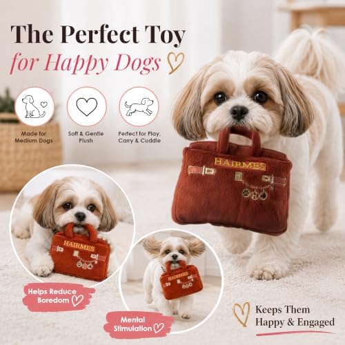Dog Diggin Designs Hairmes Bag Plush Dog Toy – Squeaky Parody Fashion Dog Toy from Runway Pup Hairmes Collection, Soft Designer Style Toy for Small to Medium Dogs, Cute Interactive Pet Toy