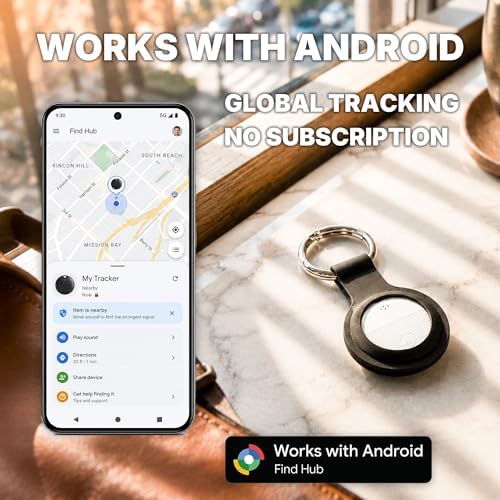 2-Pack Bluetooth Tracker Tags Black & White for Android, Works with Google Find Hub — Key Finder with 105dB Loud Alarm, Ultra Thin, 2 Silicone Keyring Cases & 2 Extra CR2032 Batteries Included