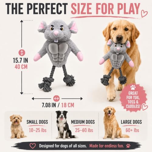 Funny Muscle Mouse Dog Toy with Squeaky Rubber Chest & Rope Legs, Interactive Plush Toy for Medium to Large Dogs, Multi-Texture Toy for Tug, Toss & Supervised Play