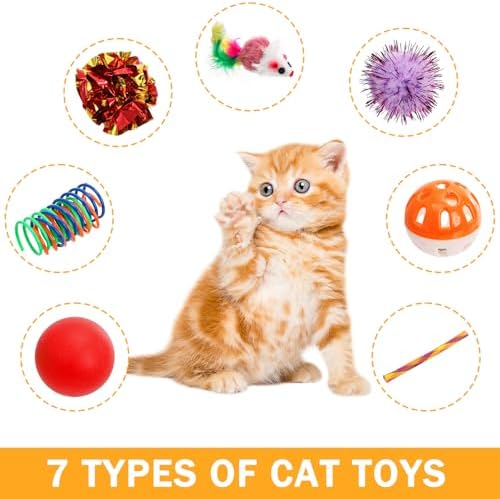 Nicunom 100 Pcs Cat Toys for Indoor Cats and Kittens - Spring, Fur Mice, Crinkle Ball, Sparkle Pom Pom Ball, Bell, Catnip Rope, Variety Cat Interactive Toy Set