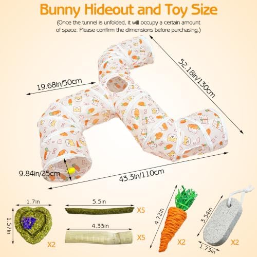 PINVNBY Large Rabbit Tunnel，Collapsible Rabbit Tunnels for Indoor Bunnies Bunny Hideout with 5 Types of Chewing Toys for Ferret Kitten Small Animals (Faucet Shape)