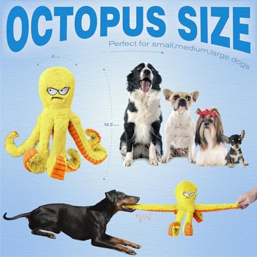 LEGEND SANDY Tough Dog Toys, Squeaky Large Dog Toy, Stuffed Puppy Chew Toys | Soft Fabric, Interactive Daily Companionship, Tug of War Doggie Toy, Training Reward, Crinkle Yellow Octopus
