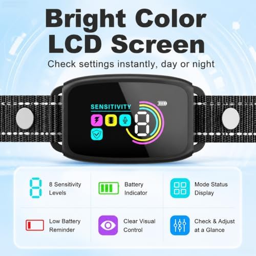 Dog Bark Collar,Shock Collar for Dogs,IP67 Waterproof, Type-C Rechargeable with Color Screen, 8 Sensitivity Levels & 4 Training Modes,AI Auto-Sleep & Safe Mode for Calming Dogs at Home