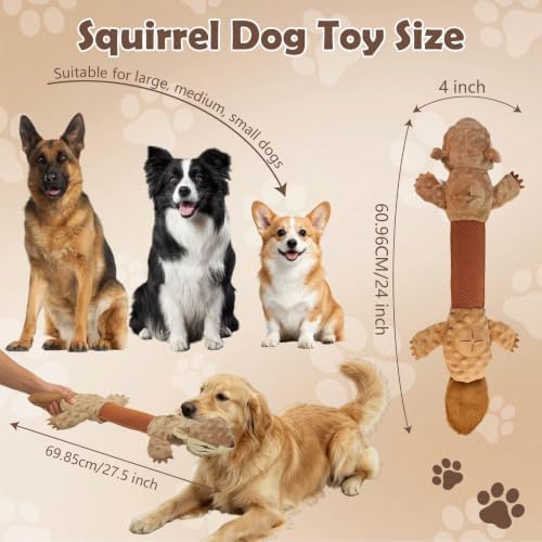 Squeaky Squirrel Dog Toy with 2 Treat-Hiding Pockets, Interactive Plush Tug Toy for Aggressive Chewers, Durable Crinkle Chew Toy for Small Medium Large Dogs