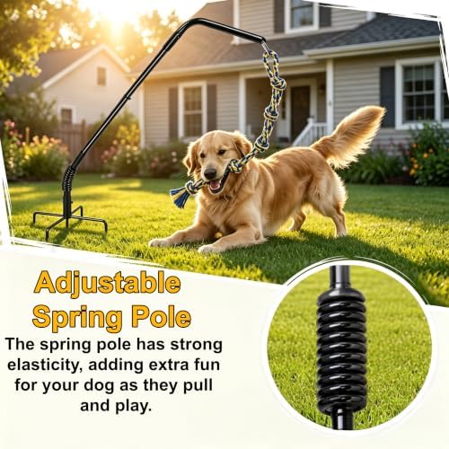 Adjustment Rotation Tether Outdoor Dog Rope Toy, Dog Rope Play Spring Rack with 3 Interactive Tug of War Toys, Self-Play & Exercise Toy for Large, Medium, Small Dogs, Heavy Duty for Yard Park Lawn