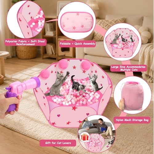 Cat Ball Pit for Indoor Cats, Interactive Toys Set with Pom Pom Launcher