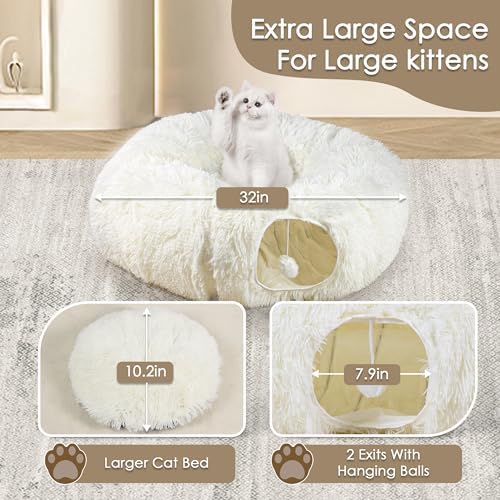 Peekaboo Cat Cave with Washable Mat, Collapsible Cat Play Tunnel for Kittens & Small Pets, Plush Cat Donut Bed Tunnel, Beige