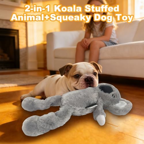 12.99 Inch Grey Koala Squeaky Dog Toy, Plush Chew Toy with Bungee Legs for Puppy Teething, Indoor Outdoor Interactive Toy for All Dog Sizes