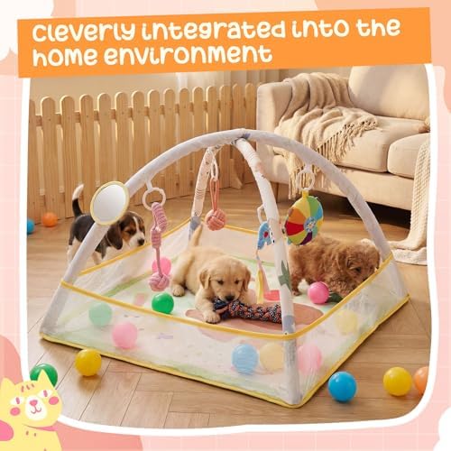 30 x 30 x 21 Inch Puppy Play Gym with 9 Hanging Toys & 18 Ocean Balls – Interactive Activity Mat for Dogs & Cats, Includes Squeaky Plush & Chew Toys – Portable Snuffle Mat for Pets up to 25 Lbs