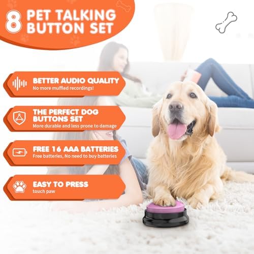 Dog Buttons for Communication,Talking Buttons for Dogs,8 Recordable Sound Buttons + 24 Scene Patterns + 1 Dog Button Mat+ 16 AAA Batteries，30 Seconds Dog Buttons for Pet Sound Training Toy