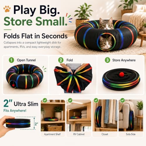 Cat Tunnel Toy with Plush Ball & Cat Wand Feather Toys-Portable Tattaff Waterproof Washable-Interesting Pattern Collapsible Black Rainbow