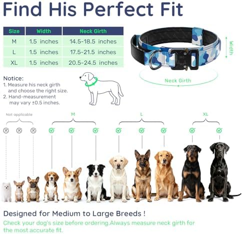 Premium Tactical Dog Collar - Adjustable Military Heavy Duty Dog Collar for Medium Large Dogs - Durable Metal Buckle Dog Collar with Leather Control Handle and Soft Comfortable Padding