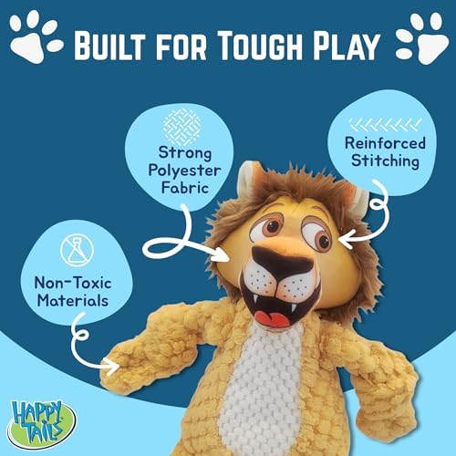 Happy Tails 13" Woolie Lion Dog Toy for Medium to Large Dogs - Durable Polyester with Squeaky Sound and Reinforced Stitching for Engaging Play and Chewing