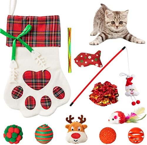 MALLMALL6 11Pcs Christmas Cat Stocking Toys Interactive Cat Toys Pack Including Feather Teaser Wand Catnip Mouse Crinkle Bells Ball Spring Toys for Indoor Cats, Christmas Hanging Stocking for Pet Cats